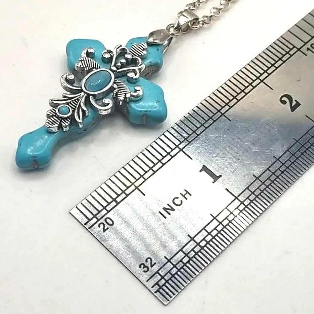 925 Silver Necklace W/ Turquoise Stone BOHO Cross Pendant Vintage Birthday NEW!